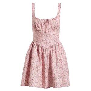 Reformation Daria Print Linen Mini Dress in Pink Combo, Size 6